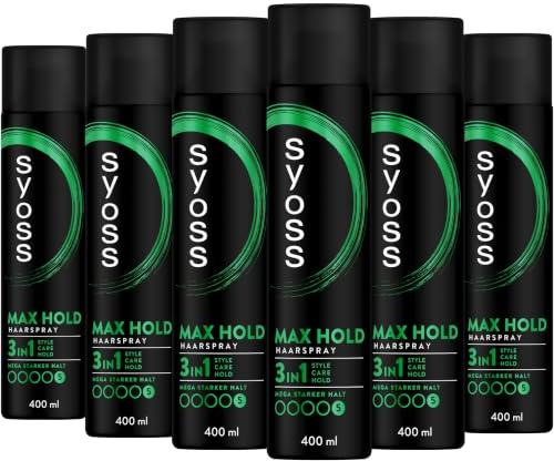 Syoss Haarspray Max Hold Haltegrad 5 (6x 400 ml), 48h Styling-Spray | Haarspray mit mega starkem Halt für bis zu 48h Styling Kontrolle, Styling Spray schützt die Frisur vor Luftfeuchtigkeit