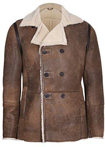 Infinity Leather Bräunen Deutscher Zweireiher aus Echtem Schaffell Lammfell Lederjacke Mantel L