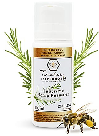 Bio Fußcreme Honig Rosmarin - 100% natürliche Fußpflege (100 ml) - Für trockene und müde Füße mit natürlichem Bienenwachs - Hergestellt in den Tiroler Bergen