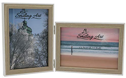 Smiling Art Bilderrahmen für 2 Fotos aus MDF Holz mit Glasscheibe, klappbarer Bilderrahmen, Doppelrahmen in Querformat und Hochformat (Weiß+Beige, 2x13x18 cm)