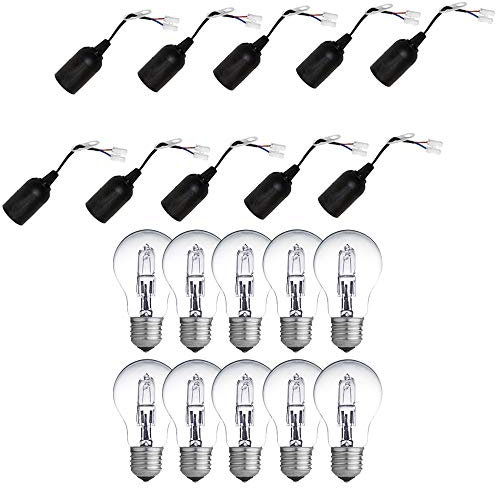 NCC-Licht 10 x Baufassung Lampenfassung Renovierfassung E27 schwarz mit Steckklemme + 10 x Halogen Birne 42W = 60W E27 klar 630lm dimmbar