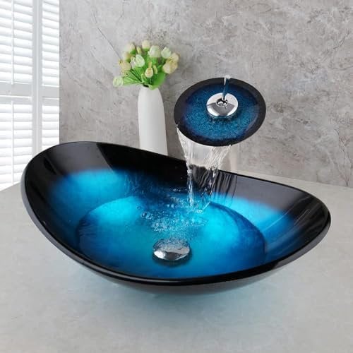 GLOBAOSALU Oval Blue Glass Vessel Sink 22x14 Inch with Waterfall Faucet and Pop-Up Drain Tempered Glass Basin Top Mount Bathroom Sinks Boat Shape Design Bowl for Apartment Bathrooms Vanities