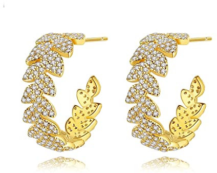 BCughia Ohrring Mädchen, Damen Ohrringe Elegant Gold Kupfer Pfosten mit Reibung Zurück 7.6x21.1mm Creolen für Damen Weiß Blattform mit Zirkonia