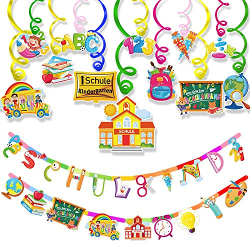 DPKOW Schulanfang Deko Einschulung Junge und Mädchen, Schulkind Girlanden Einschulung Deckenhänger Wirbel Spiral ABC Zuckertüten Girlande Set für Schule Klassenzimmer Schuleinführung Deko