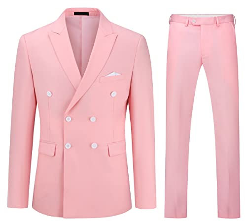 YOUTHUP Abito da Uomo 2 Pezzi Completo Doppio Petto Formale Slim Fit Tuta Peak Lapel Giacca e Pantaloni Rosa, XXL