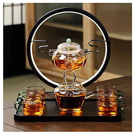 FXNFXLA Lazy Kung Fu Teeset aus hitzebeständigem Glas mit Lampenkreis Transparenter automatischer Retro-Kung-Fu-Teebereiter für den Haushalt mit 6 Tassen
