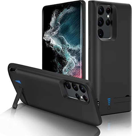 Gladgogo Battery Case for Samsung Galaxy S22 Ultra, 5000mAh Rechargeable Charger Case with Kickstand & USB (6.8 inch) - Black
