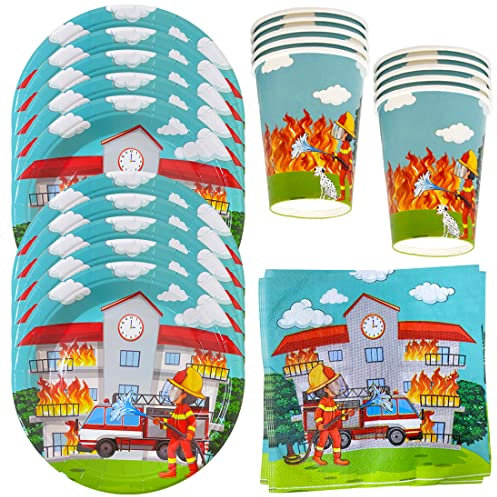 HGSHUO Vaisselle Anniversaire Décorations Pompiers Vaisselle de Fête d'anniversaire Décorations de Fête Camion de Pompier Gobelets Assiettes Serviettes Anniversaire 40 Pièces