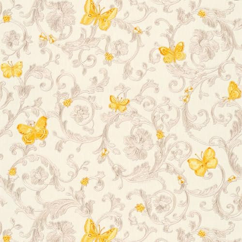 Profhome Flowers Wallpaper 343253-GU Non-Woven Wallpaper Yellow Gold Cream 0.70 m x 10.05 m / 7.035 sqm
