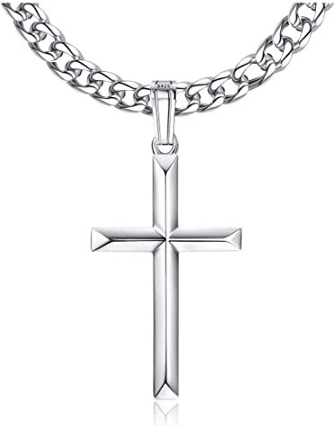 KRFY Pendentif Croix Argent Sterling 925 avec Chaîne à Maillons Cubains Acier Inoxydable Taille Diamant Collier Miami Plaqué Or Blanc 18K Poli Bord Biseauté Pendentif Croix Collier Homme Femme 46-76CM