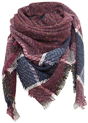 Damen Schal Warm Weich Strickschal Karo Winterschal Herbstschal Frauen Deckenschal Halstuch Scarf Herbst Winter klassischer Quasten-Plaid-Schal, Warmer, weicher, Dicker, Großer (Wine, One Size)
