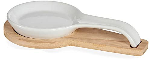 TIENDA EURASIA - Soporte de Cuchara Ceramica con Base de Madera, Reposa Cucharas Cocina de 13 x 23 x 16 cm, Apoya Cucharas, Soporte para Cucharon, Diseño Elegante y Facil de Limpiar, Posa Cucharas