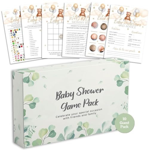 Baby Shower Games - 6 Game Bundle - Eucalyptus, Jungle, Safari, Baby Boy, Baby Girl - 10 Guests Pack (Teddy Bear)