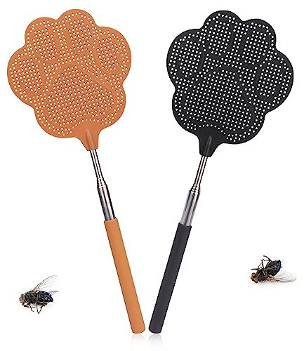 TAKUZA Fliegenklatsche 2 Stück, Fliegenklatsche Ausziehbar, Pest Control, mit Integriertem Mückenschaber, für Verwendet, um Fliegen, Wespen, Mücken Und Andere Insekten Abzuwehren (Schwarz, Braun)