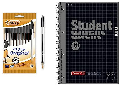 BIC 830864 Kugelschreiber Cristal Medium & Brunnen 1067928190 Notizblock/Collegeblock Student Colour Code (A4 kariert, Lineatur 28, 90 g/m², 80 Blatt) schwarz