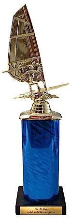 eberin · Surf Pokal · Surfbrett | Segel | Surfer Gold auf Säule Blau · XL Nordsee Surf Cup · großer Windsurfer/Windsurfing Pokal mit oder ohne Gravur ·