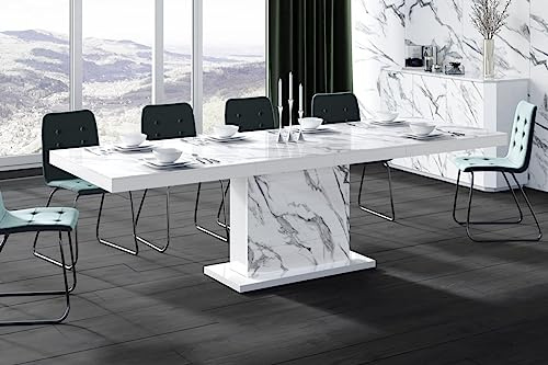 designimpex Design Esstisch Tisch HME-111 Hochglanz ausziehbar 160 bis 256 cm, Farbe:Marmor Natur Hochglanz - Weiß Hochglanz