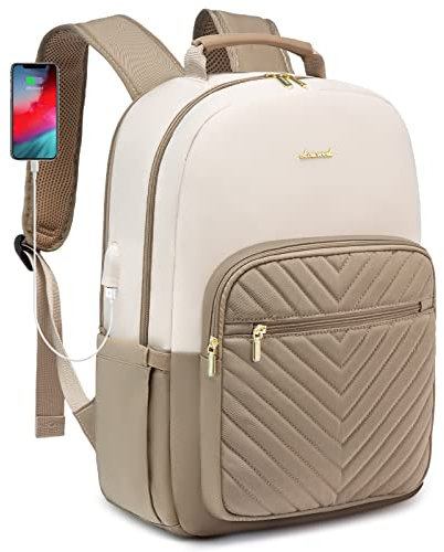 LOVEVOOK Laptop Backpack Womens,15.6 Inch Rucksack Bag for Women,School College Travel University Back Pack, Waterproof Large Work Bags with USB Charging Port, Ladies Backpacks, Khaki Beige