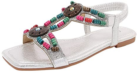 Sommerkind Schuhe Damen Winter Damen Sommer Mode Hohl Strass Perlen Flachboden Böhmische Bequeme Große Strandschuhe Sandalen Damen Pantoffeln (Silver-B, 40)
