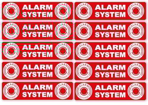 10 Aufkleber Alarm System Innenklebend I 12 x 3 cm I Motiv - Alarm gesichert - für Fenster-Scheibe Innen, Glastür I XL 10er Set in rot I hin453