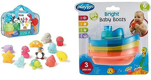 LUDI - 12 Animaux Marins en Plastique pour Jouer dans Le Bain. Dès 6 Mois. & Playgro Bateaux de Bain, 3 Pièces, sans BPA, Dès 6 Mois, Bright Baby Boats, Bleu/Rouge/Jaune