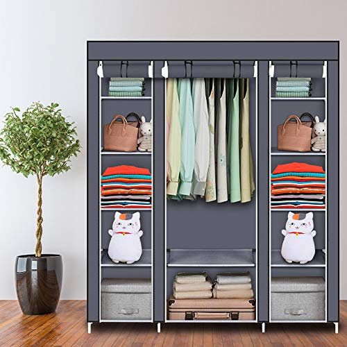TactFire Armoire de Rangement en Tissu, Penderie avec Housse, Armoire Chambre Portable, Armoire à Vêtements, pour Chambre D'adulte avec 5 Couches 12 Compartiments, 150 x 45 x 175 cm, Gris