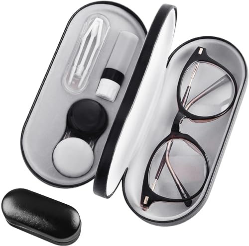 CNZON The 2 in 1 Double-Sided Portable Contact Lens case and Glasses case Features a Dual-use Design with a Built-in Mirror, tweezer, and Contact Solution Bottle, Leak-Proof for Travel.