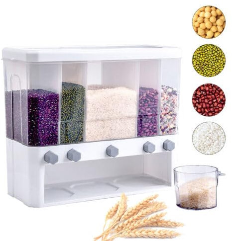 WEIGR Müslispender Snackspender- Cereal Dispenser Cornflakes Spender,5 Ebene Cereal Dispenser mit Messbecher, für die Lagerung von schwarzem Reis, Mais, etc 42x19.5x35.2cm