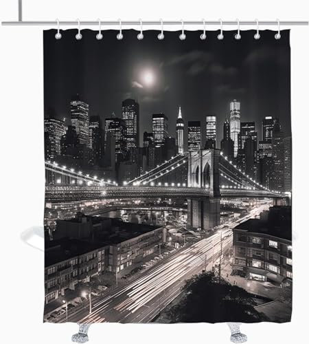HATEGE Rideau Douche Anti Moisissure New York Rideau de Douche 180x200 3D imprimé Rideaux de Douche Vue de Nuit sur La Ville Rideau Salle de Bain Polyester Séchage Rapide B656