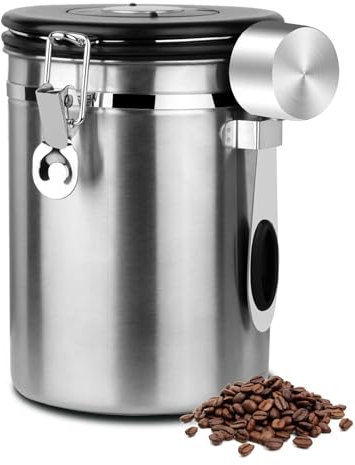 Kaffeedose Bohnen Kaffeeaufbewahrungsdose 1.8L Edelstahl Luftdicht Vorratsdosen mit Deckel Kaffeebohnen Behälter Küche Kanister für Kaffeepulver Nüsse Körner, mit löffel, Sliver