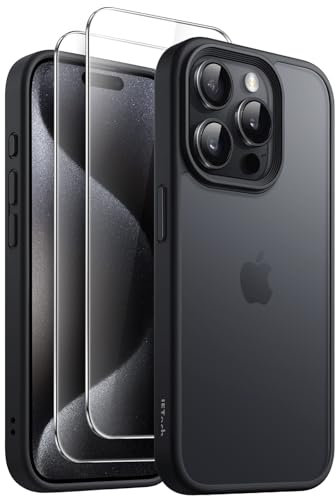 JETech 3 in 1 Matte Case for iPhone 15 Pro 6.1-Inch with 2 Pack Tempered Glass Screen Protectors, Translucent Frosted Shockproof Phone Cover (Black)