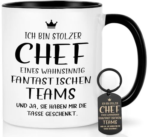 Joymaking Tasse mit Spruch - Ich bin stolzer Chef eines wahnsinnig fantastischen Teams - bester Chef Geschenk mit Schlüsselanhänger Kaffe Tasse für Chef Geburtstag, Abschiedgeschenk