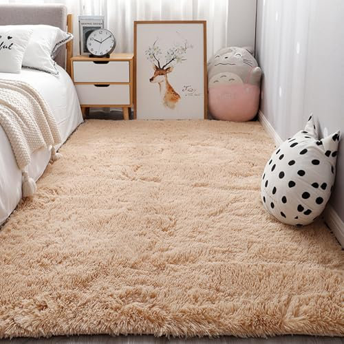 YUANWAN Teppich Wohnzimmer Hochflor Teppich 250 x 350 cm Weich, Einfarbig, Pflegeleicht Weicher Teppich Heimdekoration Fellteppich Shaggy für Wohnzimmer, Schlafzimmer, Beige