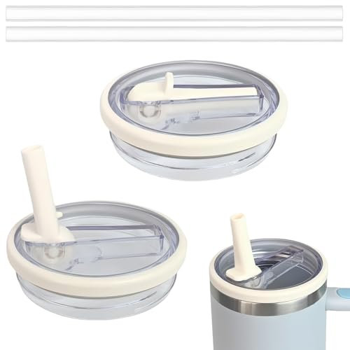 2 Pack Replacement Cup Lid for Stanley Quencher, Leak Proof Splash Resistant Drinks Cup Lid 40oz Tumbler Flip Straw Replacement Accessories Compatible with Stanley Cup (Creamy white)