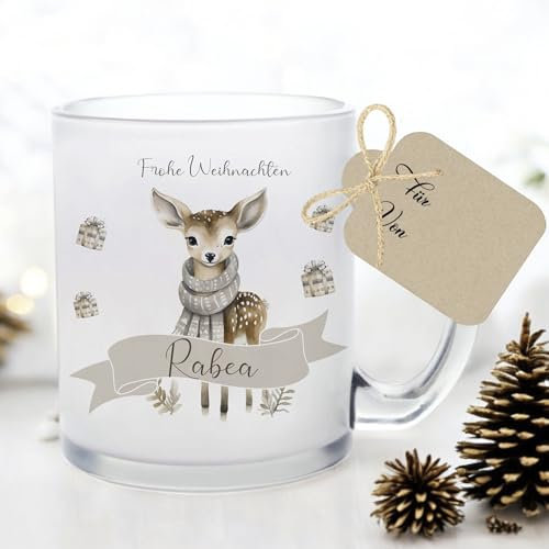 Manufaktur Liebevoll I Tasse Weihnachten Glastasse Glühweintasse mit Namen Weihnachtstasse personalisiert Tasse Nikolaus Weihnachtsgeschenke Kinder Glühwein Tasse Frauen Mädchen Kollegin Reh (Rabea)