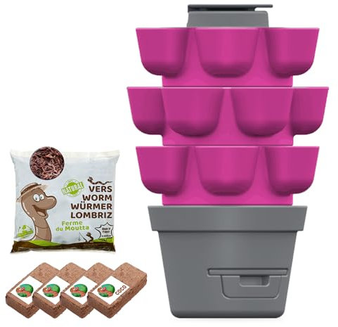 WORMgarden Fuchsia 3 Tier + 500 g Compost Worms | Vertical Vegetable Garden with Integrated Vermicomposter | Grow Your Fruits and Vegetables | Create Your Vegetable Garden and Recycle Your Waste