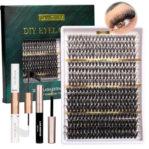 Cluster Lashes 320PCS Fluffy Individual Eyelashes 30D+40D+80D+100D Lash Extension Kit 12-20MM Natural Lash Clusters DIY Eyelash Extension Kit with Lash Bond and Seal Lash Tweezers-30+40+80+100D