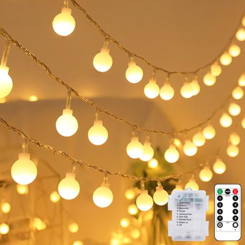 kolpop Lichterkette Batterie Innen, 6.6M 50 LED Warmweiß Lichterkette Kugeln, Wasserdicht Lichterketten Außen mit Timer Fernbedienung, 8 Modi für Zimmer, Balkon, Hochzeit, Party, Weihnachten Deko
