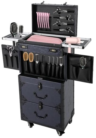 Kosmetikkoffer Trolley 4-in-1 Abschließbar Kosmetik Trolley mit Rollen, Make up Koffer Schminkkoffer Groß Friseurkoffer Koffer Beauty Case Nagelkoffer Multikoffer für Kosmetikerin Friseurerin (Blau)