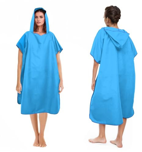 Badeponcho Damen& Herren,Poncho Handtuch,Mikrofaser-Surf Poncho,Lang Umkleidehilfe mit Kapuze für Herren Damen, Ideal Handtuch zum Strand, Brandung, Surfen (Himmelblau)