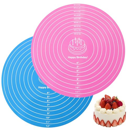 YUXIANLB Lot de 2 tapis de pâtisserie ronds en silicone anti-adhésif résistant à la chaleur avec mesures pour plateau tournant pour gâteaux, biscuits, pain, accessoires de cuisson en rose et bleu pour