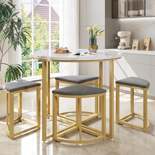 Novela Juego de mesa redonda de comedor con 4 sillas, 4 sillas, patas de metal doradas, 80 x 80 x 75 cm, ideal para espacios pequeños (cojines gris)