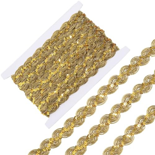 GORGECRAFT 5.5 m Goldene Pailletten Spitzenborte 2.5cm Metallische Gimp Zopfborte Glitzernde Gewellte Applikationskanten Weihnachts Wellen Spitzenband Zum Nähen Für Hochzeiten Brautvorhänge Heimdekora