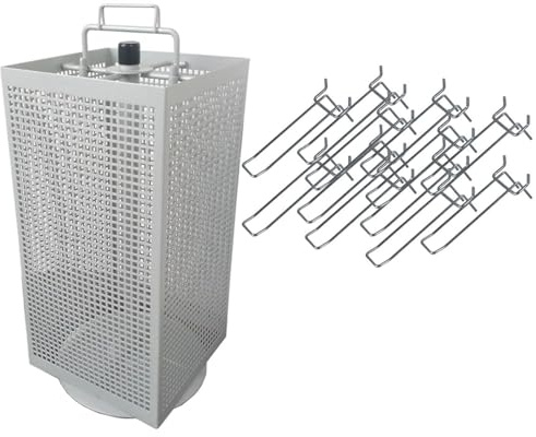 Vierseitiger Lochblechständer für den Tresen (eloxalsilber), drehbar, platzsparend, 19 cm Breit, 44,7 cm hoch, für Einfach- und Doppelhaken, Magnete inkl. 36 Doppelhaken (100mm Länge)