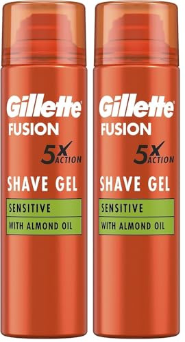 Gillette Fusion Soin de Barbe Gel de Rasage Homme (200ml) à l'huile d'amande pour peaux sensibles Action 5 fois : nettoie, hydrate, protège, rafraîchit et apaise Cadeau pour Homme (Lot de 2)