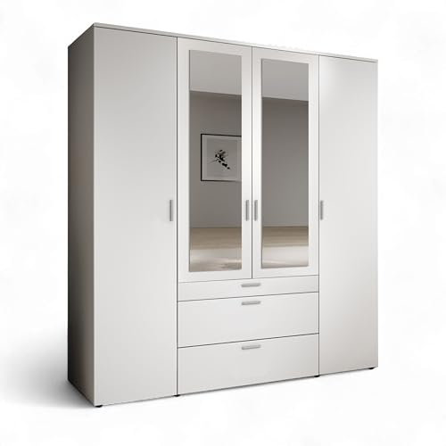 Stella Trading VESALA Kleiderschrank mit Spiegeltüren in Weiß - Vielseitiger Drehtürenschrank 4-türig für Ihr Schlafzimmer - 180 x 195 x 56 cm (B/H/T)