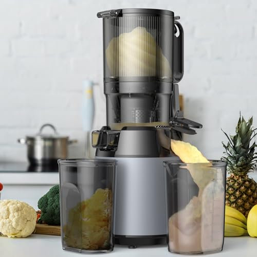HUNTFF Masticating Juicer-Large Feed Chute 13cm, 250w Self Feeding Cold Press Juicer-1.6l Capacity,Slow Juicer Machines,Juice Extractor for Whole Fruits & Vegetables, Heavy Duty, Easy to Clean,Grey