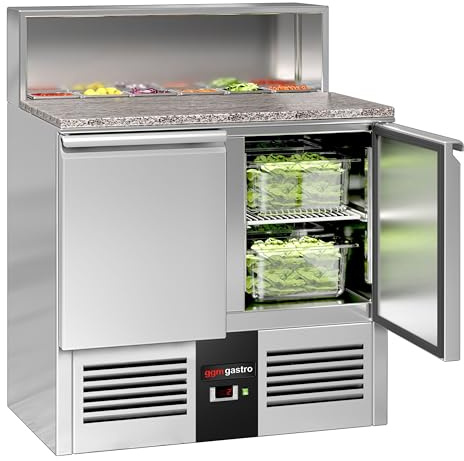 GGM Gastro Commercial Saladette Prep Fridge PREMIUM – 2 Doors – GN 1/1 Pan Well – 903×700 mm – +2 to +8 °C – Granite worktop; UK plug; GN top 5×1/6