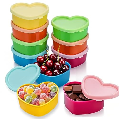 Lubarion 10Pcs Heart-Shaped Mini Containers with Lids – 90ML Plastic Storage Pots for Snacks, Sauces & Small Portions