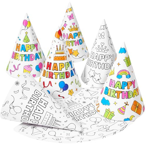 WERNNSAI DIY Paint Birthday Party Hats - Pack of 12 Birthday DIY Party Hats Kids Girls Boy Craft Birthday Hats Cone Shape White Paper Birthday Party Decoration